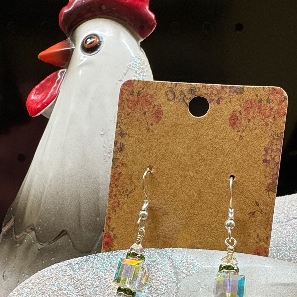 August Birthday 🎂 AB Clear Swarovski Cube and PeridotRhinestone Earrings 2/$22 - Picture 3 of 6